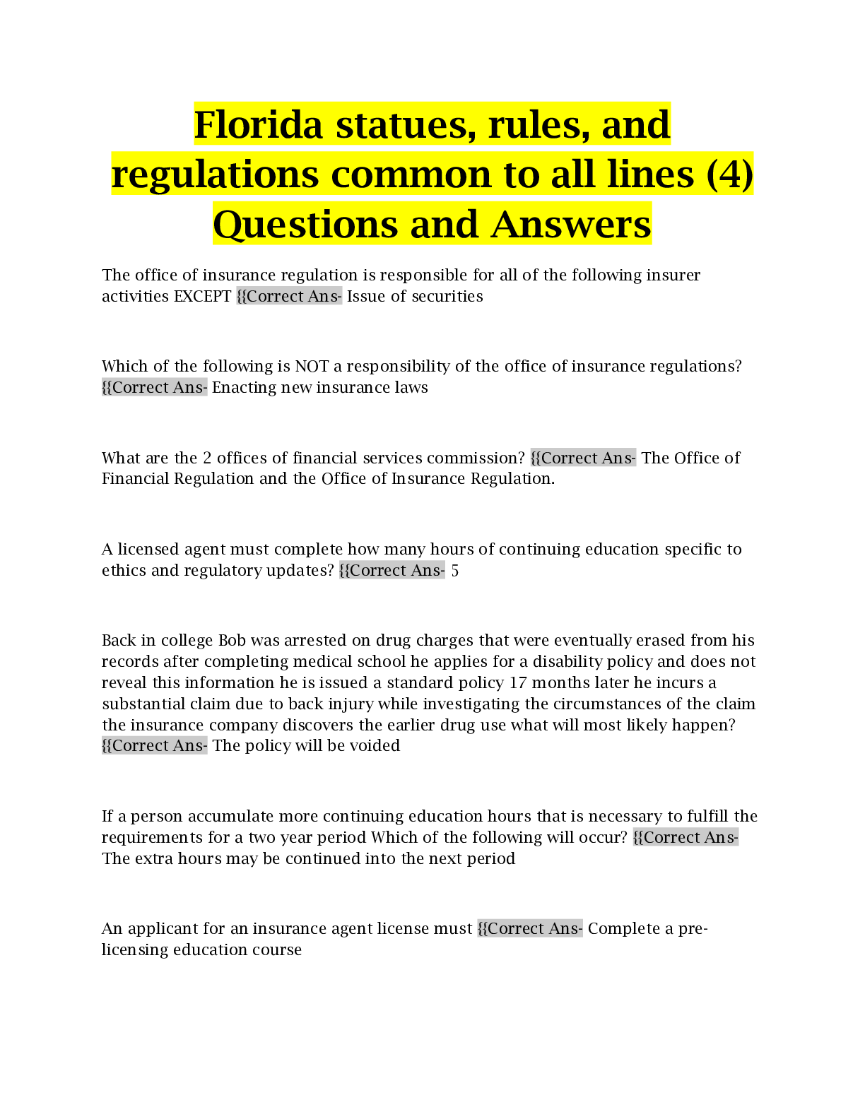 Florida statues, rules, and regulations common to all lines (4